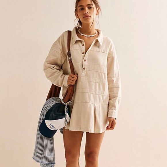 Free People Free-Est Checkin' Mini Dress  Cotton Woven Natural Size S NEW - Picture 1 of 13